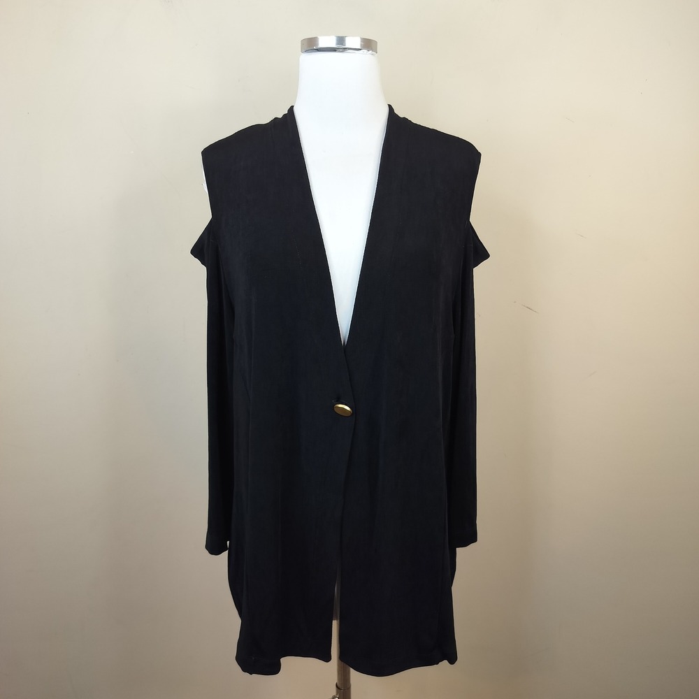 Chico's Travelers Cold Shoulder Cardigan Top 3 / XL Gold Button Black Stretch